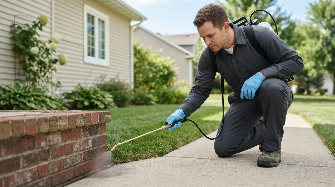 Pest control technician treating a home near Henderson, WV