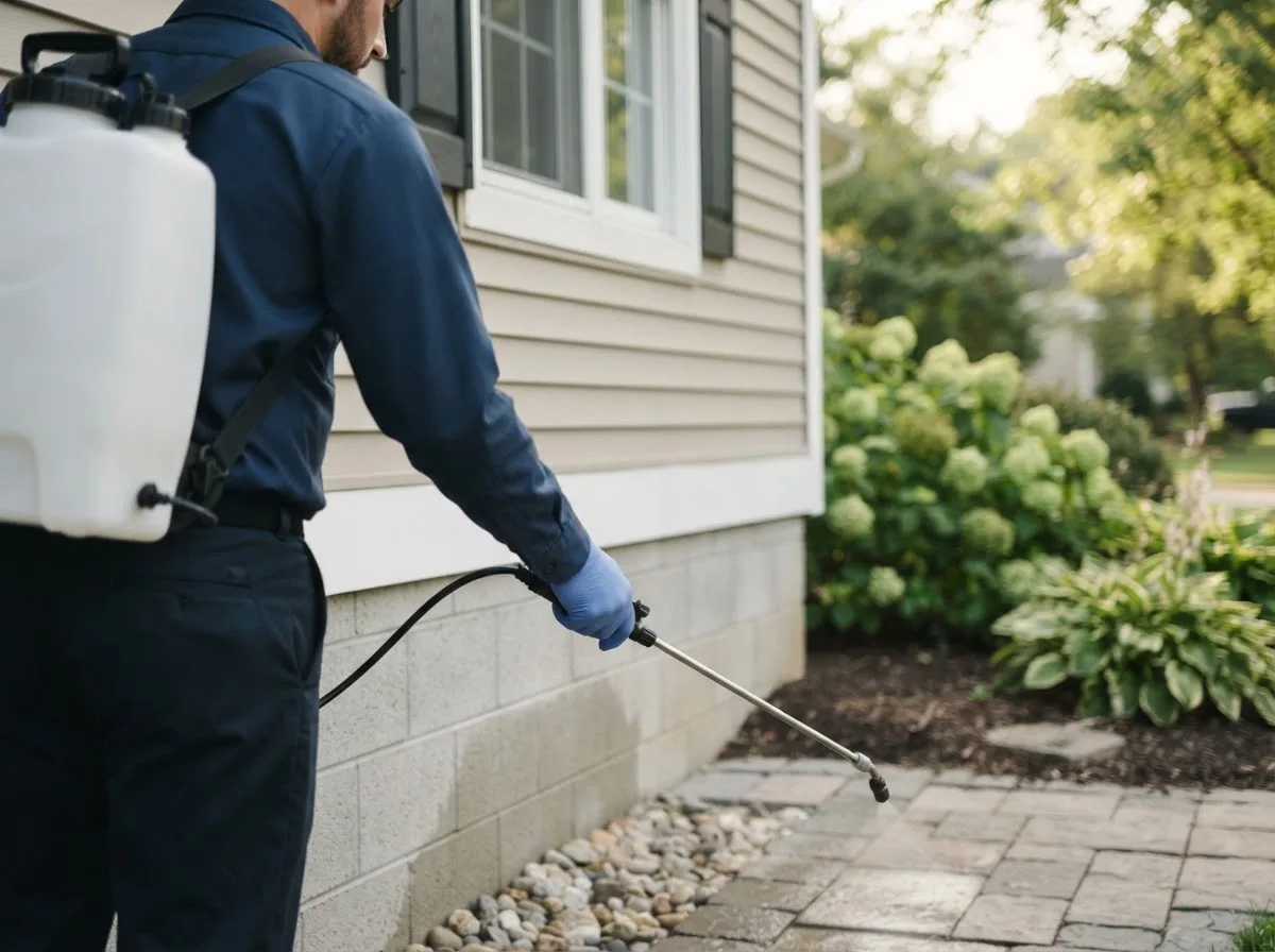 Pest control technician inspecting a home in Henderson, WV